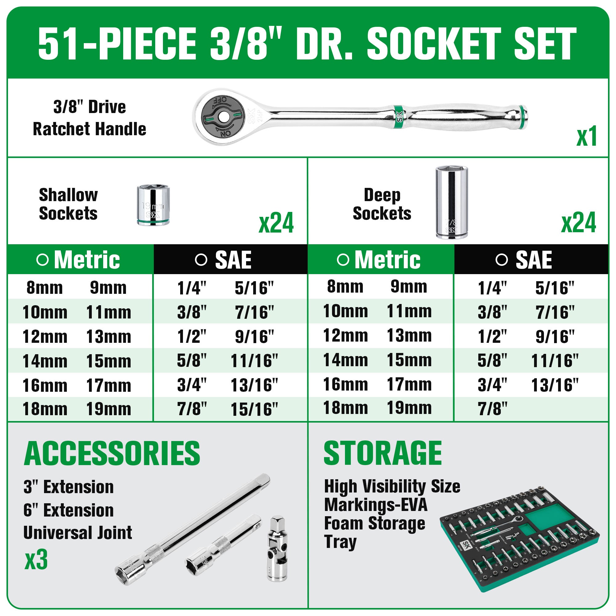 SK01455-216P - 51 Piece 3/8" Drive, 6 Point, Standard & Deep, SAE & Metric Chrome Socket Set View 2