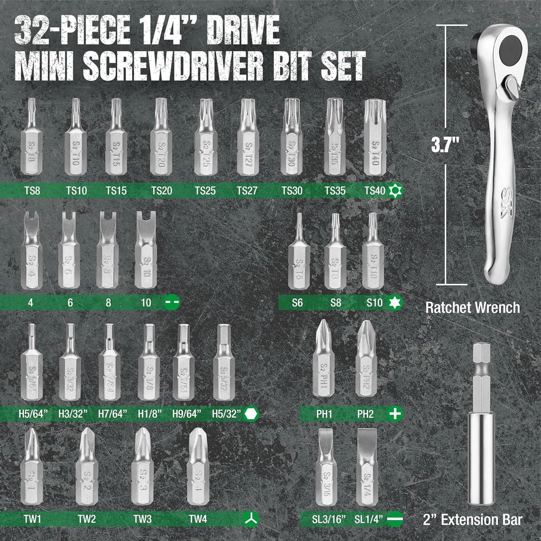 32-piece 1/4" drive mini screwdriver bit set with ratchet wrench and extension bar on a dark background