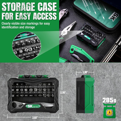 Storage case with tools and measurements, featuring SK Tools branding.