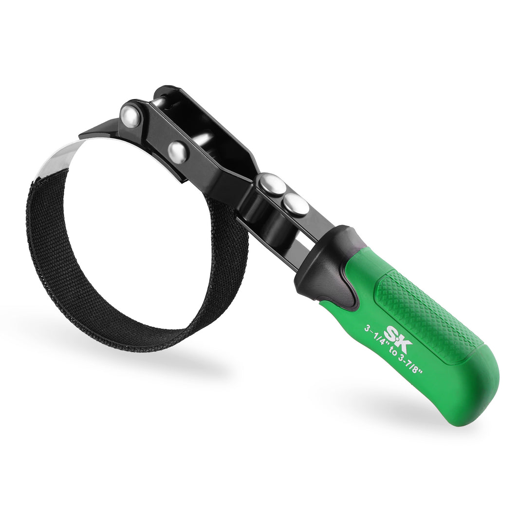 Standard Swivel Oil Filter Wrench #SK01245 by SK Tools USA, LLC, green handle and black strap, swivel grip