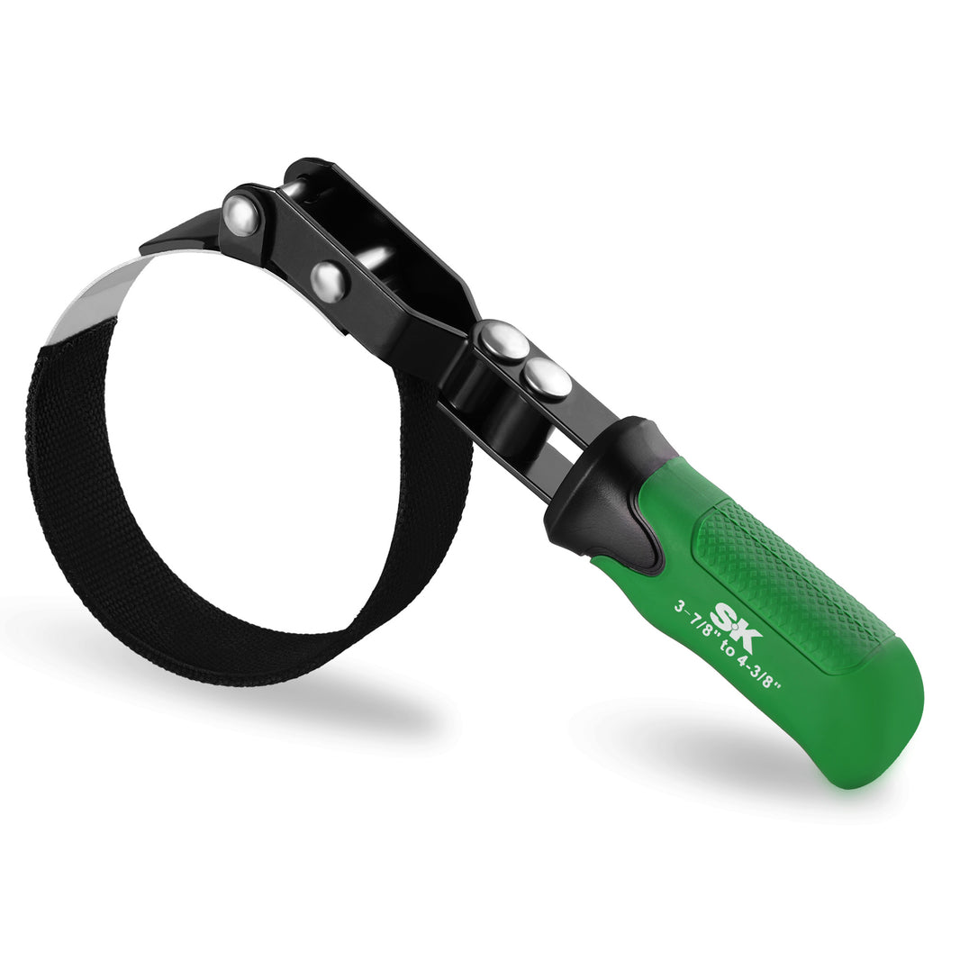 Large Swivel Oil Filter Wrench, #SK01246, SK Tools USA, LLC oil filter wrench with black head and green grip for swiveling.