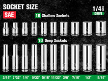 Load image into Gallery viewer, 30 Piece 1/4&quot; Drive, 6 Point, Shallow &amp; Deep, SAE Chrome Socket Set with 216-Position Ratchet
