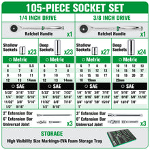 Load image into Gallery viewer, 1/4&quot; &amp; 3/8&quot; Drive, 105 Piece, 6 Point, Shallow &amp; Deep, SAE &amp; Metric Chrome Socket Set
