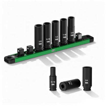 Set of black sockets on a green holder with SK logo on a white background