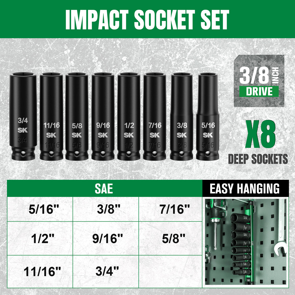 Set of impact sockets with measurements and a pegboard for easy hanging on a gray background.