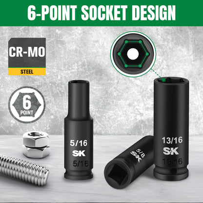 3/8" Drive, 8 Piece, 6 Point, Deep SAE Impact Socket Set, #SK01350