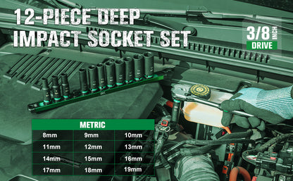 12-piece deep impact socket set with tool organizer and socket measurements displayed.