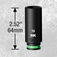 Black socket with measurements and SK logo on a textured gray background