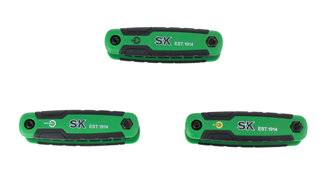 Three green pocket knives with 'SK' branding on a white background