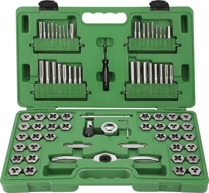Green tool kit with various metal components on a white background