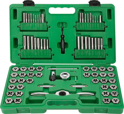 Green tool kit with various metal components on a white background