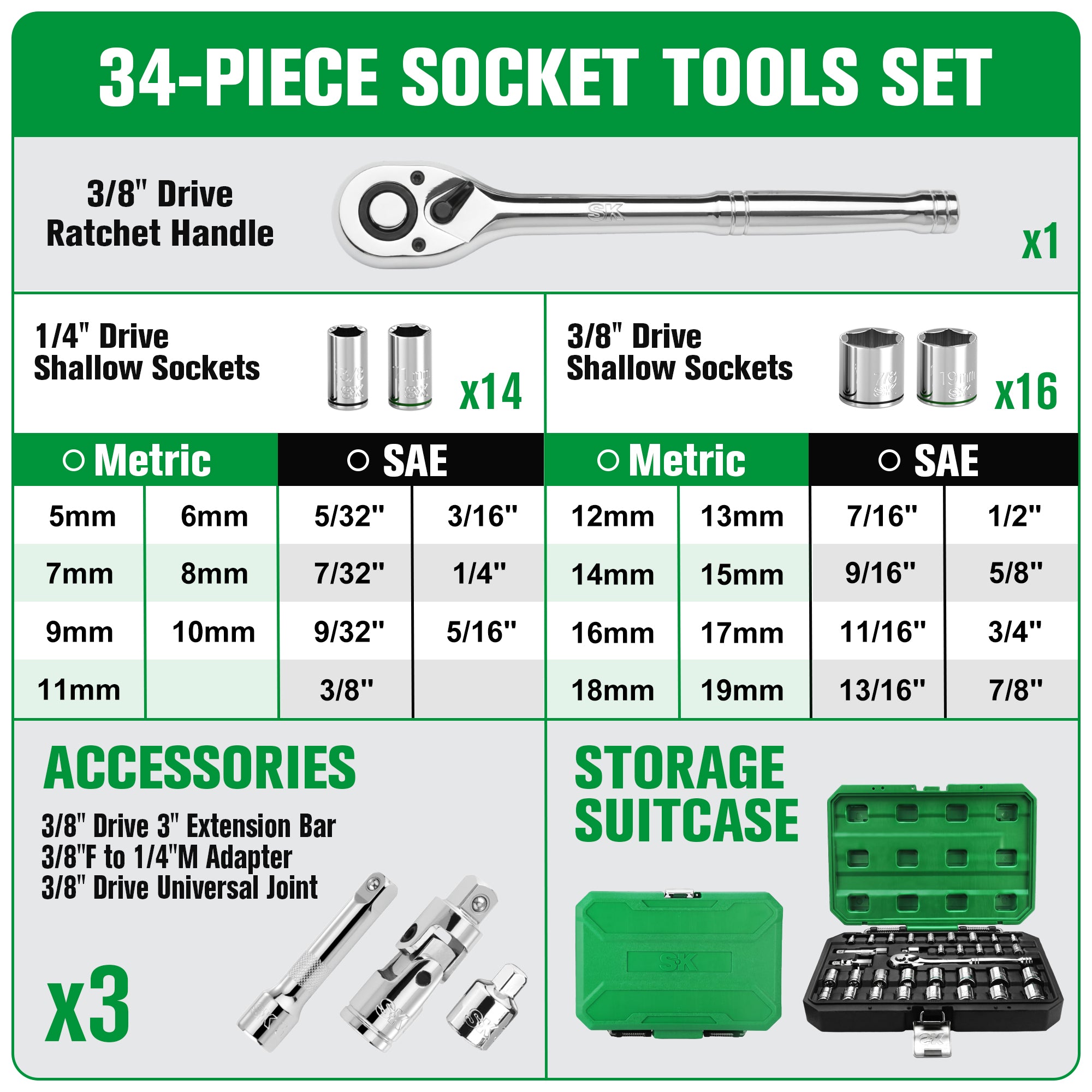 1/4 & 3/8 Drive 34-Piece Chrome socket set by SK Tools USA, LLC in polished silver, 6-point SAE/metric standard.