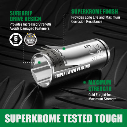1/4" & 3/8" Drive 34 Piece 6 Point SAE Metric chrome socket set by SK Tools USA with SureGrip triple-layer plating
