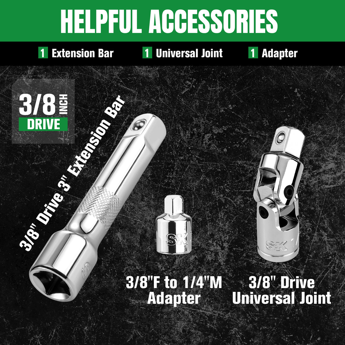 1/4" & 3/8" Drive 34 Piece 6 Point SAE Metric Chrome Socket Set, #SK01541 SK Tools USA, LLC silver chrome socket set with 3/8" to 1/4" adapter