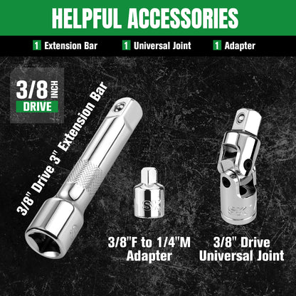 1/4" & 3/8" Drive 34 Piece 6 Point SAE Metric Chrome Socket Set, #SK01541 SK Tools USA, LLC silver chrome socket set with 3/8" to 1/4" adapter