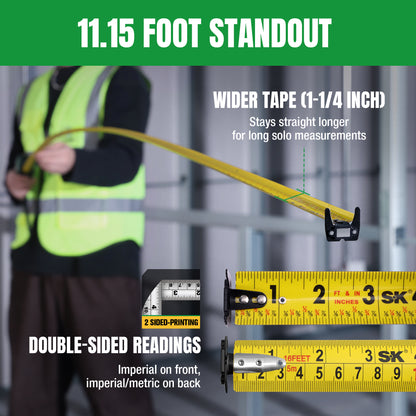 Person holding a long tape measure with text highlighting features like '11.15 Foot Standout' and 'Wider Tape'.