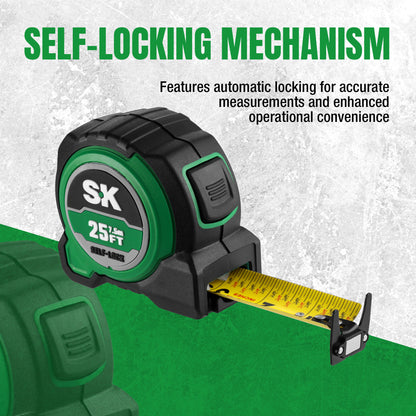 SK tape measure with self-locking mechanism on a green and gray background