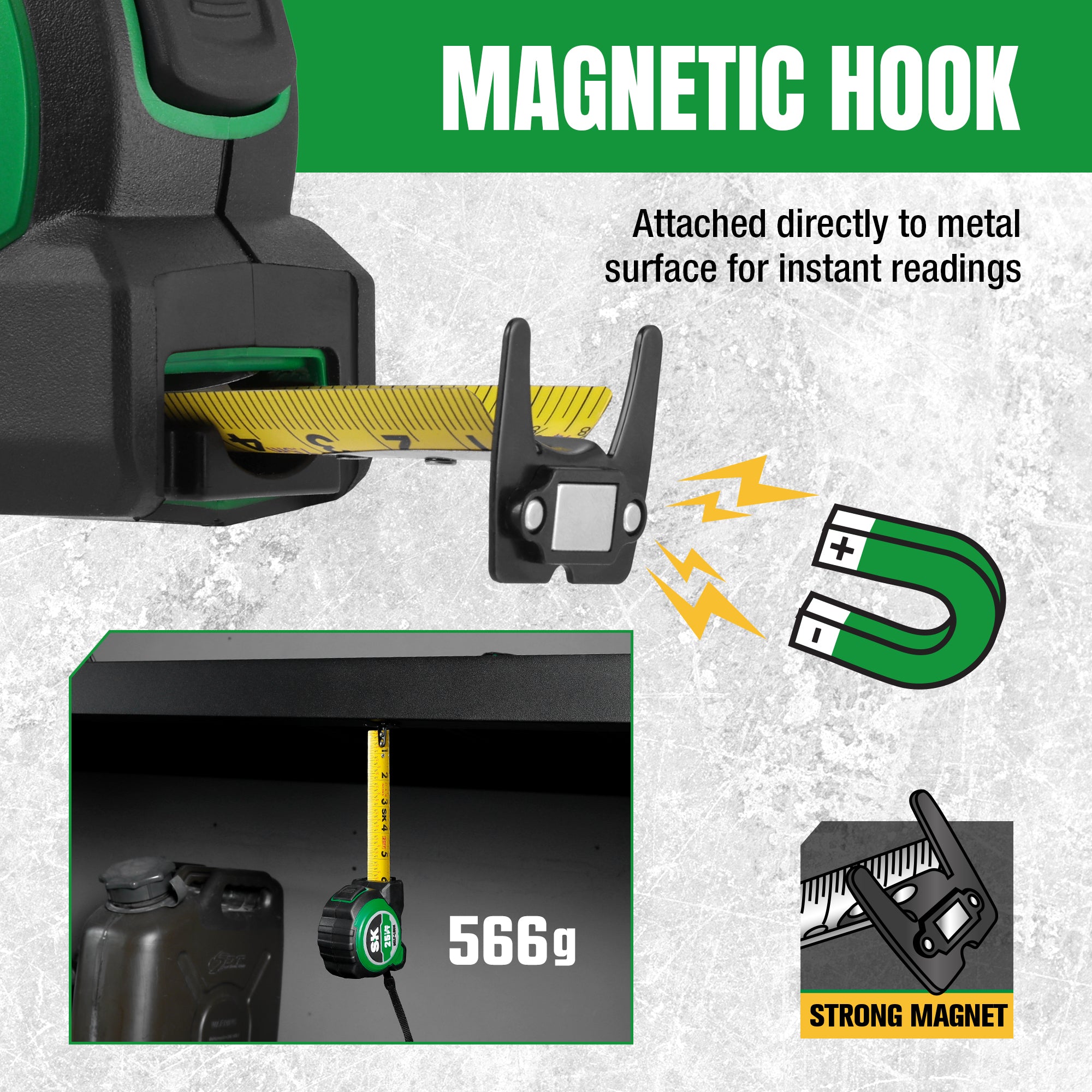 Magnetic hook attached to a digital scale with text explaining its use.