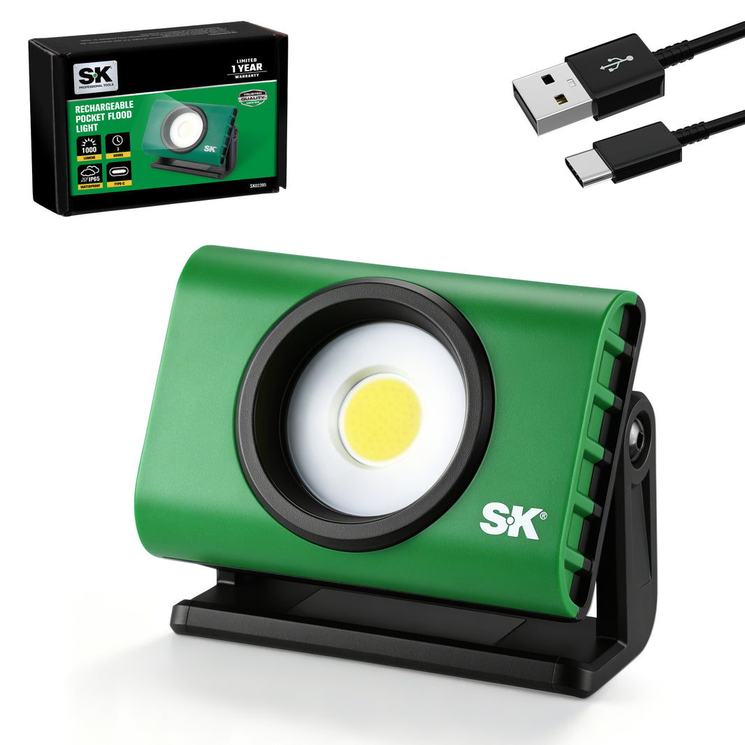 Portable Mini Work Lilght, #SK02395: SK Tools USA, LLC rechargeable pocket flood light in green, Type-C charging.