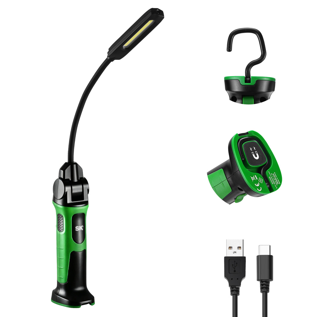 Rechargeable Slim Hose Light, #SK02398, SK Tools USA, LLC hose light in black and green with slim LED bar head