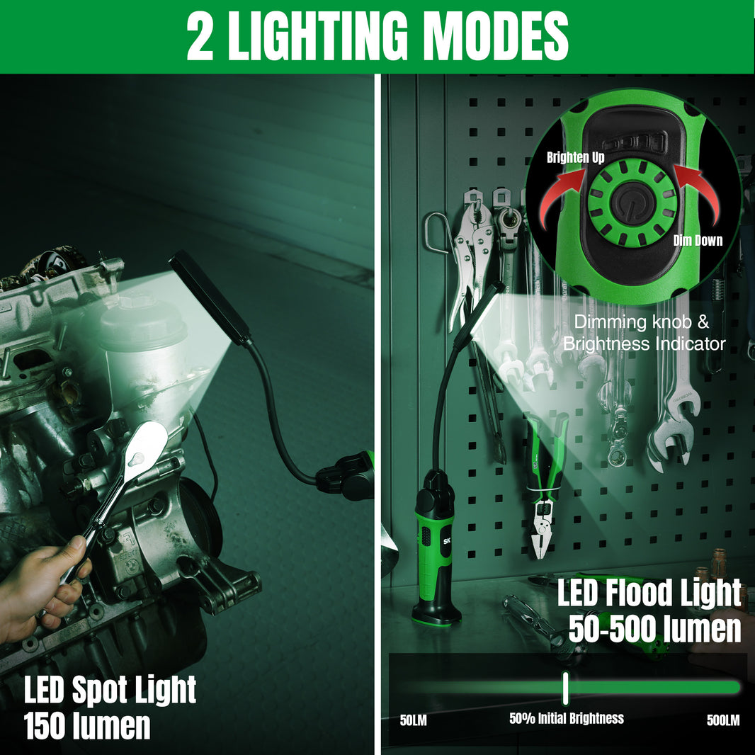 Rechargeable Slim Hose Light #SK02398 by SK Tools USA, LLC in green and black with dimming knob brightness indicator