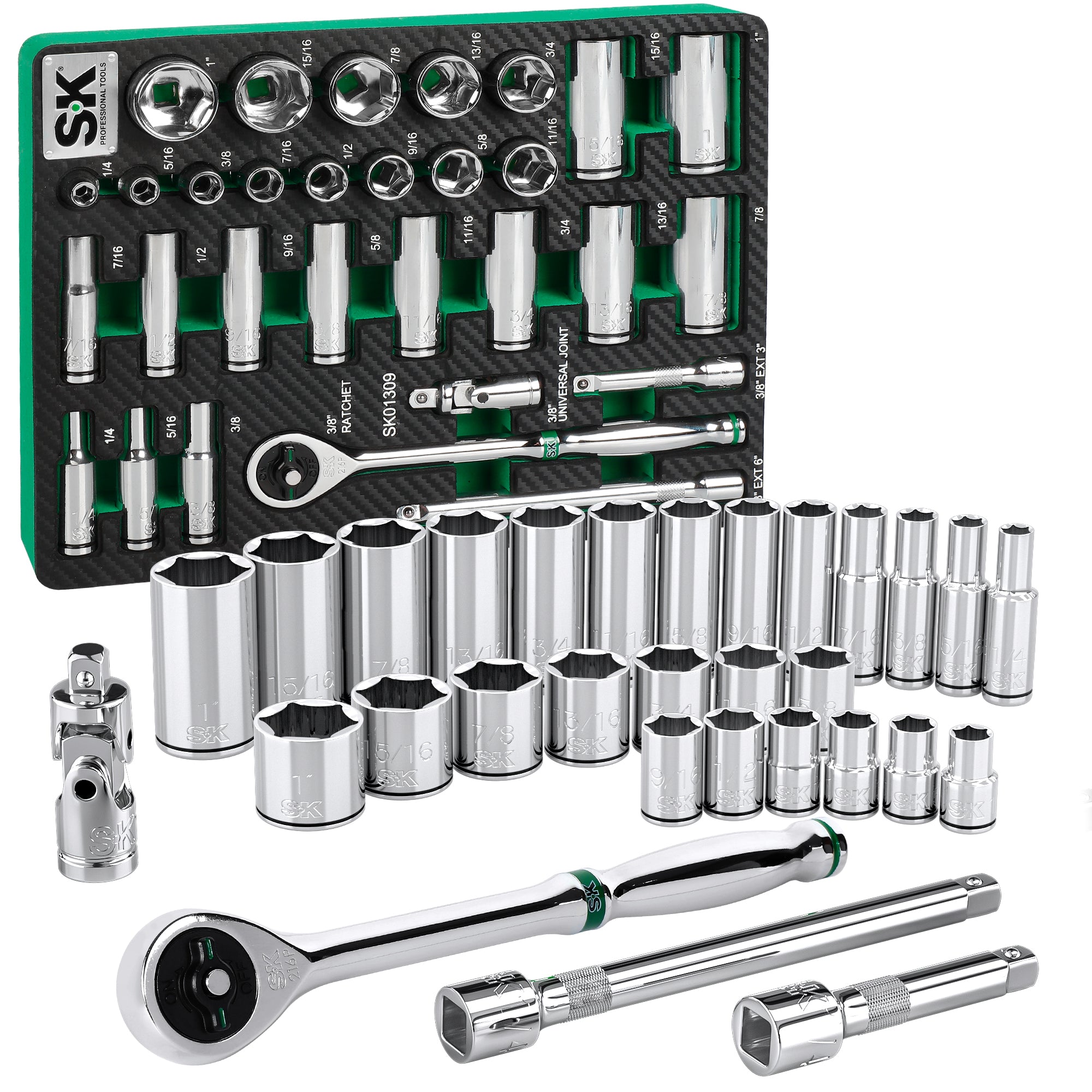 SK01309-216P - 30 Piece 3/8" Drive, 6 Point, Standard & Deep, SAE Chrome Socket Set