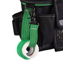 Close-up of a tool belt with a green strap and white hook, featuring a brand logo.