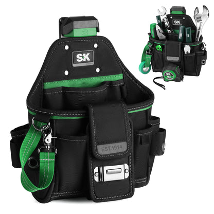Black tool belt with green accents and tools on a white background