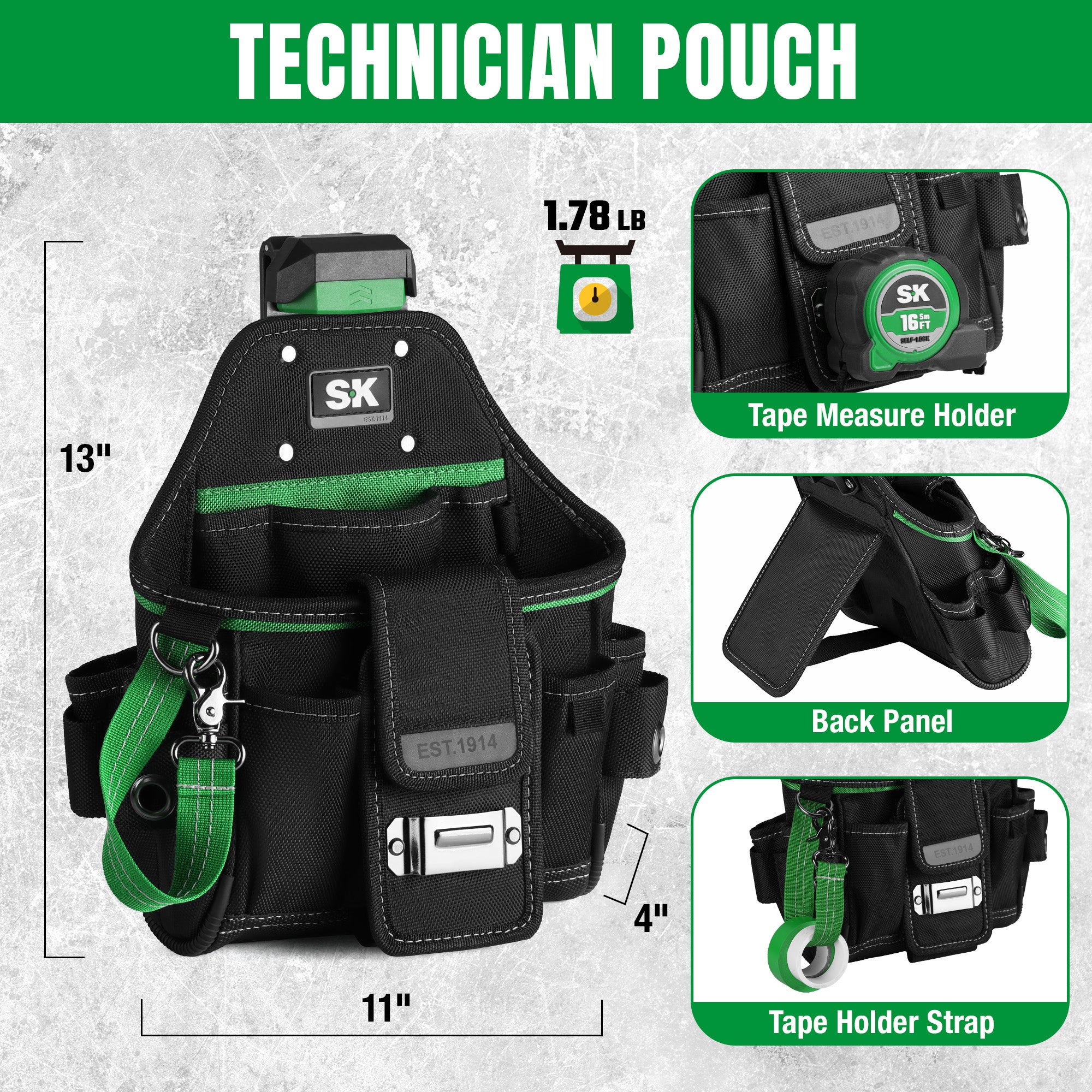 SK Technician Pouch with features and measurements on a gray background