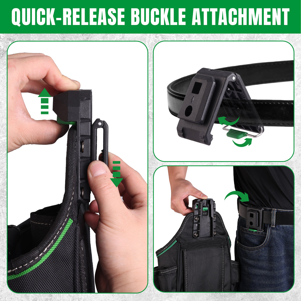 Quick-release buckle attachment being demonstrated on a belt and bag.