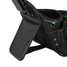 Black tool belt with multiple pockets on a white background