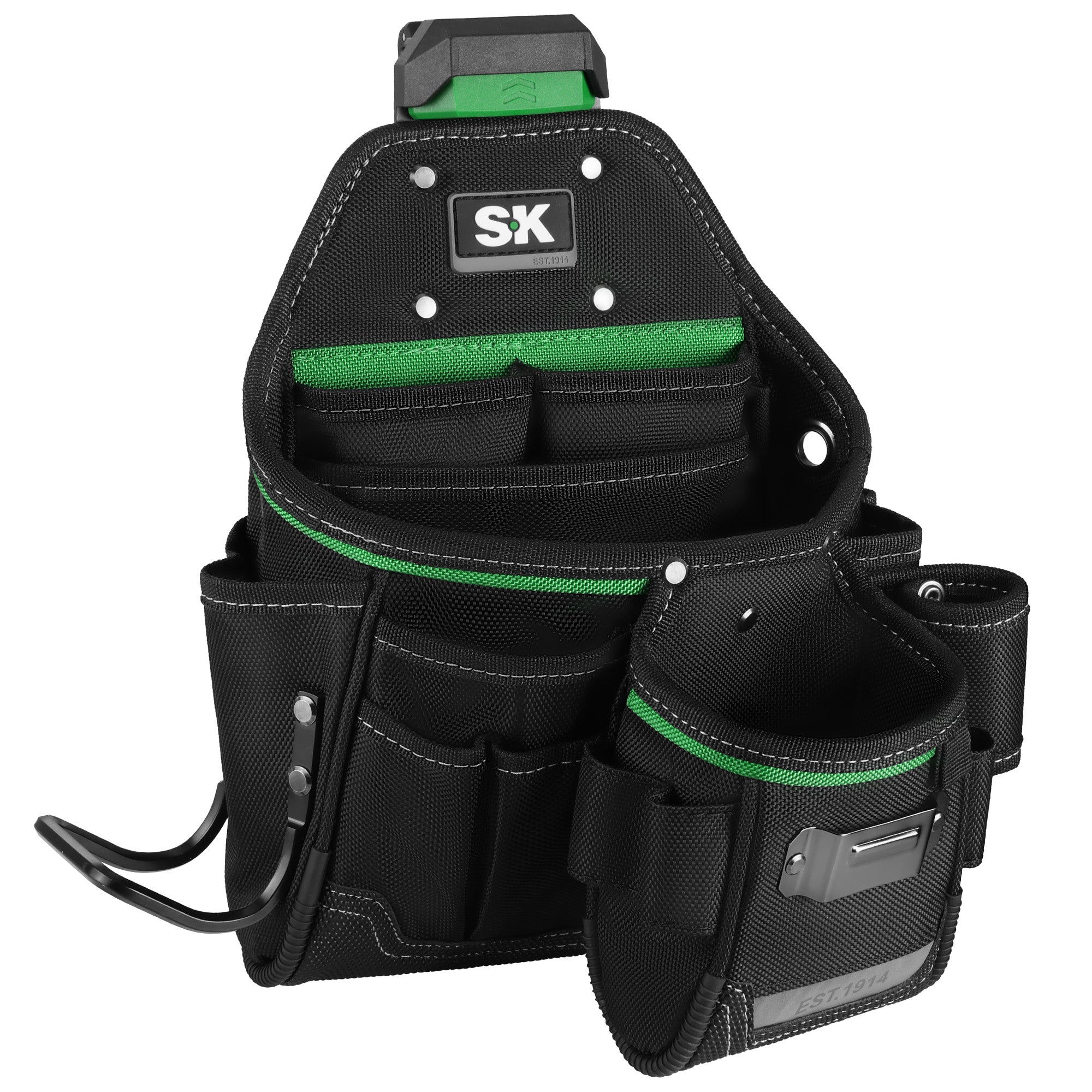 Black tool belt with green accents and 'SX' logo on a white background