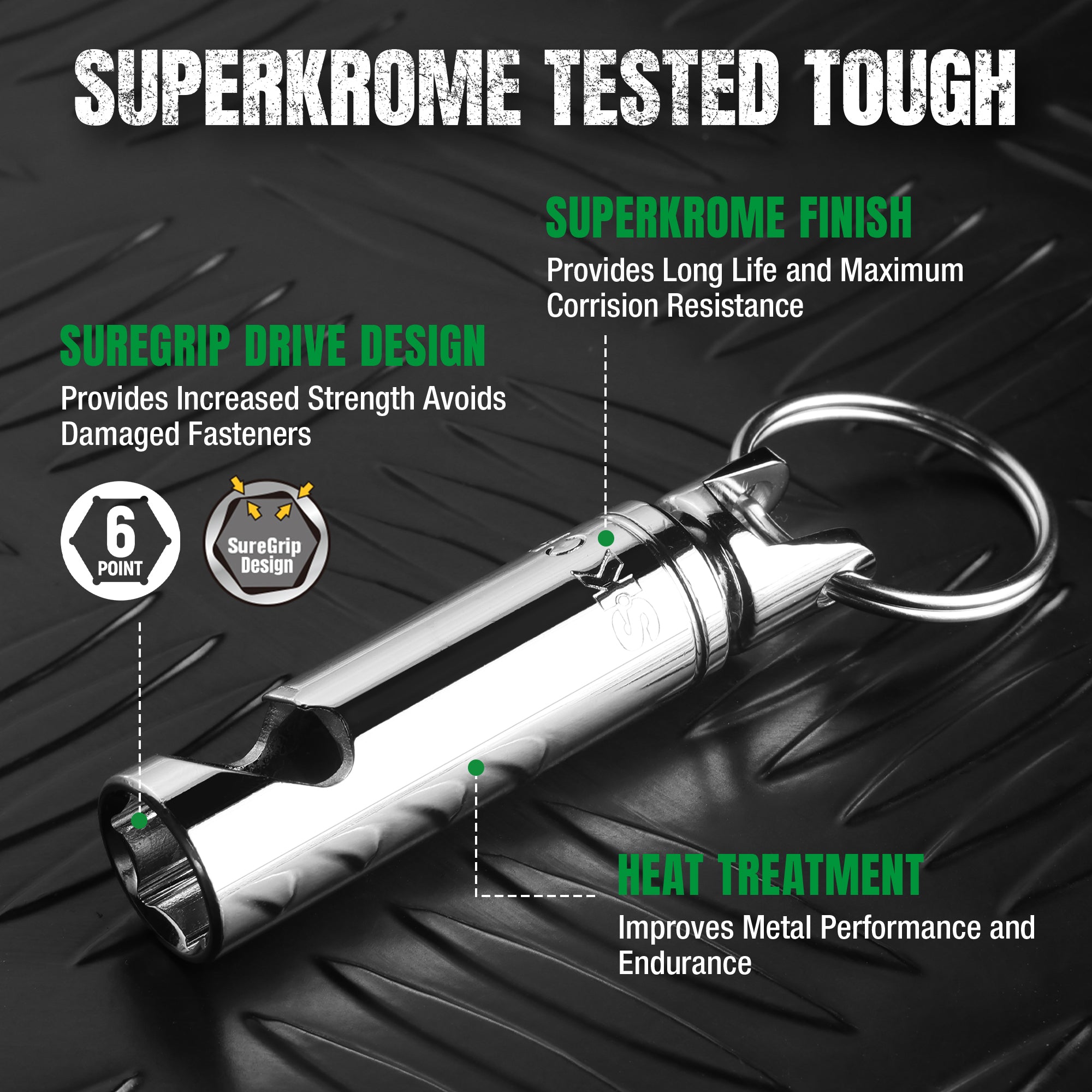 Metal tool with keychain on a textured black background, featuring Superkrome branding.