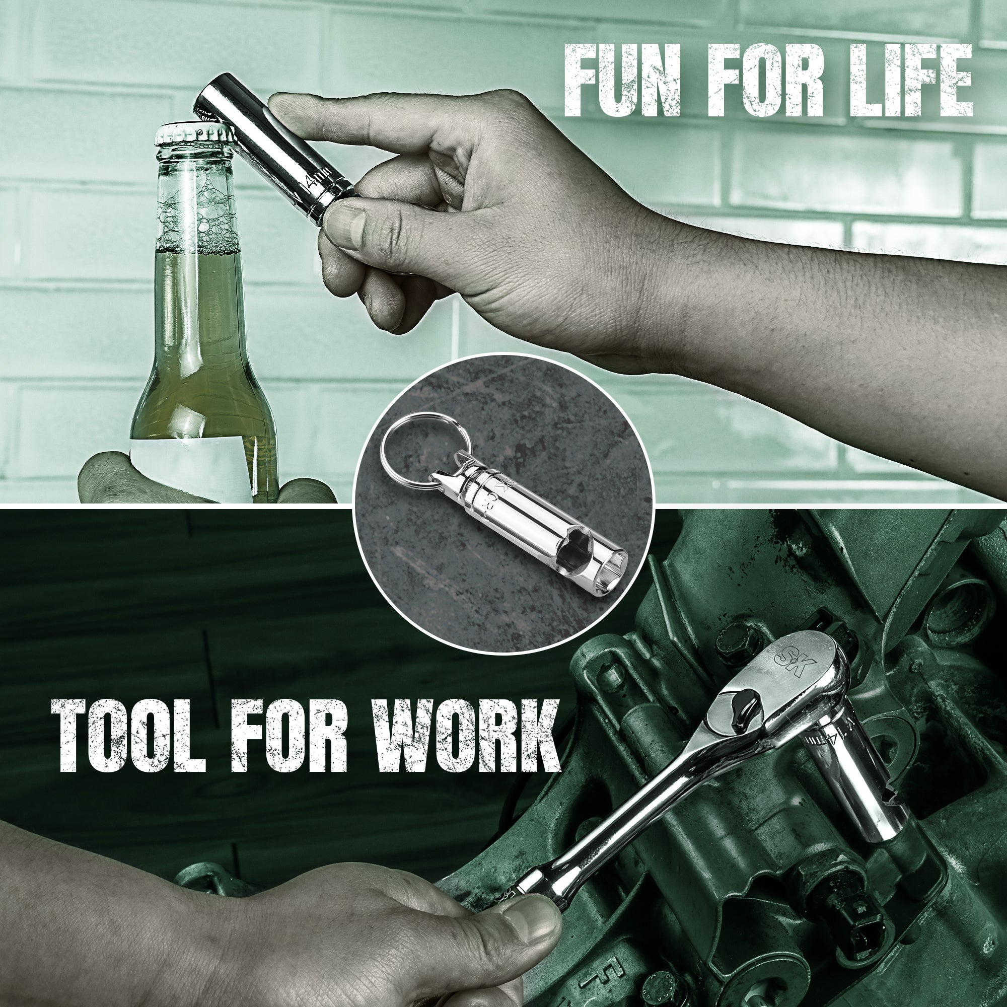 Multifunctional tool being used to open a bottle and work on machinery with 'Fun for Life' and 'Tool for Work' text.