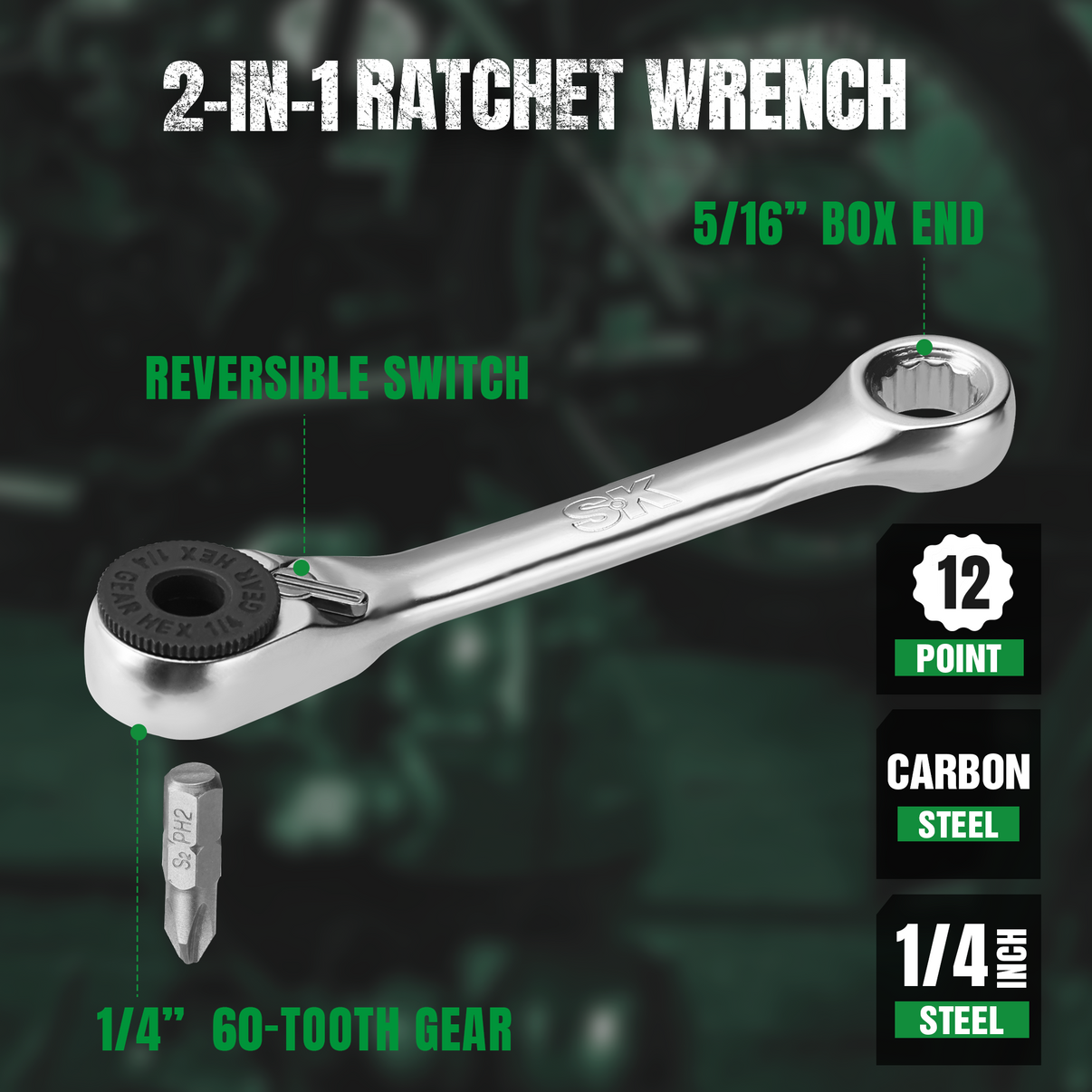 2-in-1 ratchet wrench with specifications on a dark background
