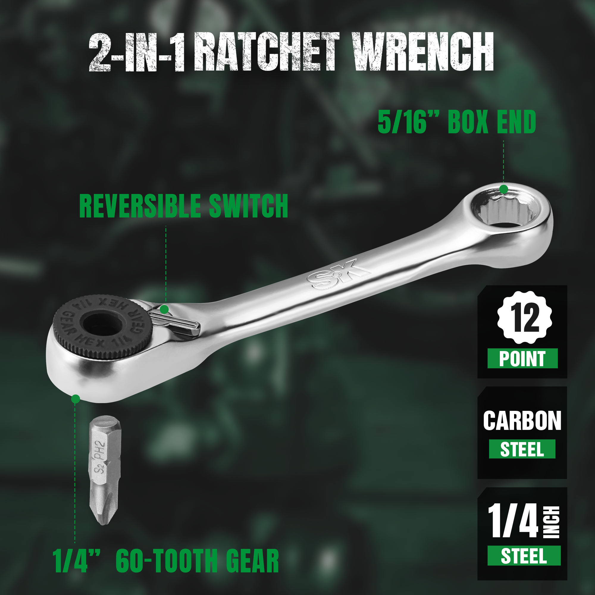 2-in-1 ratchet wrench with specifications on a dark background