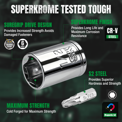 Screwdriver bit with Superkrome finish and features on a dark background