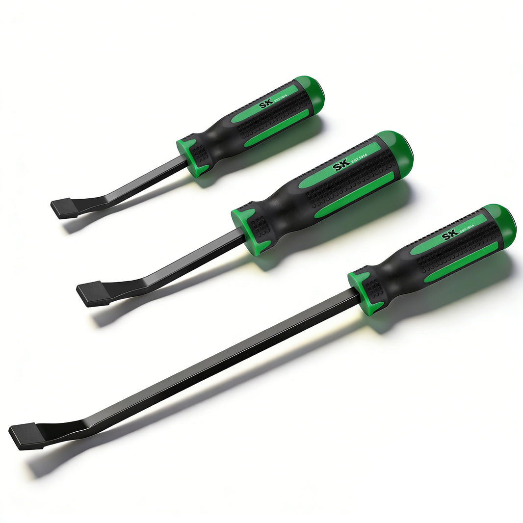 3-Piece Bent Tip Pry Bar Set. #SK03452 by SK Tools USA, LLC Pry bars, black steel and green grips, bent tips