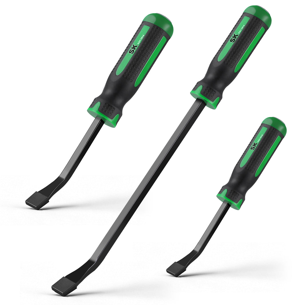 3-Piece Bent Tip Pry Bar Set. #SK03452 SK Tools USA, LLC pry bar set black with green grips—bent tips