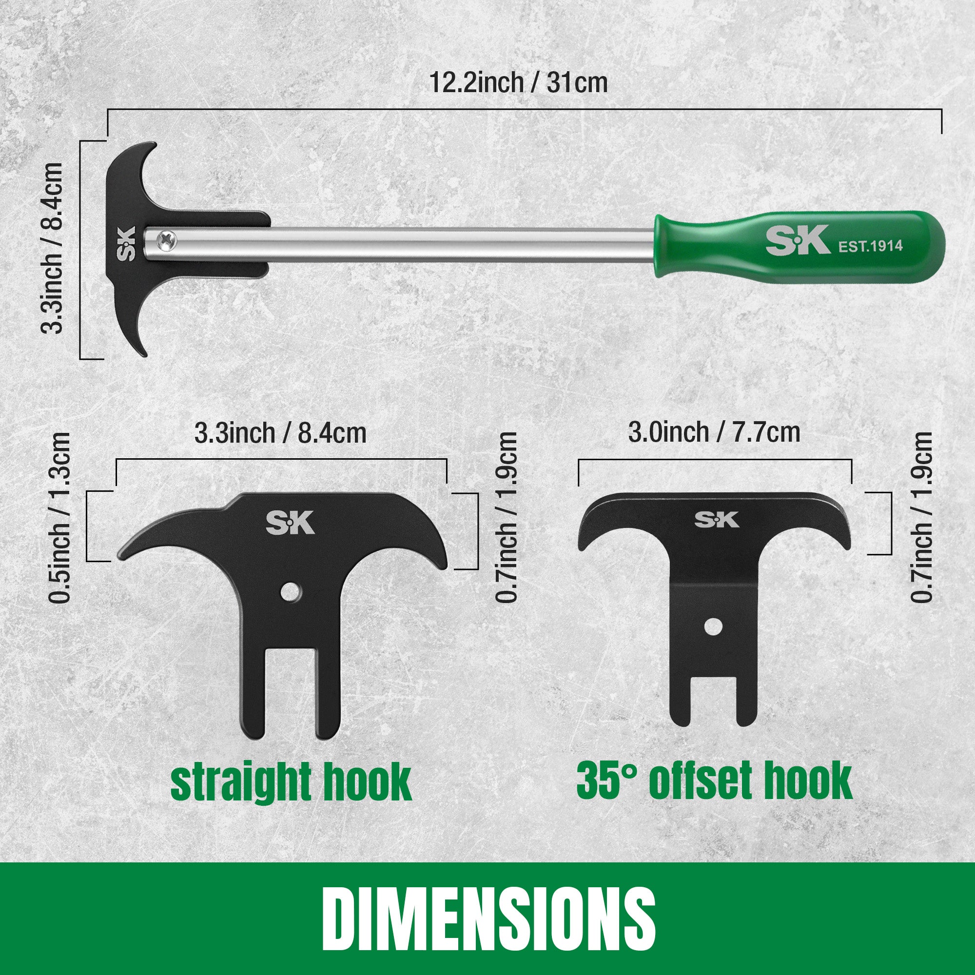 SK tool with measurements of different hooks on a gray background