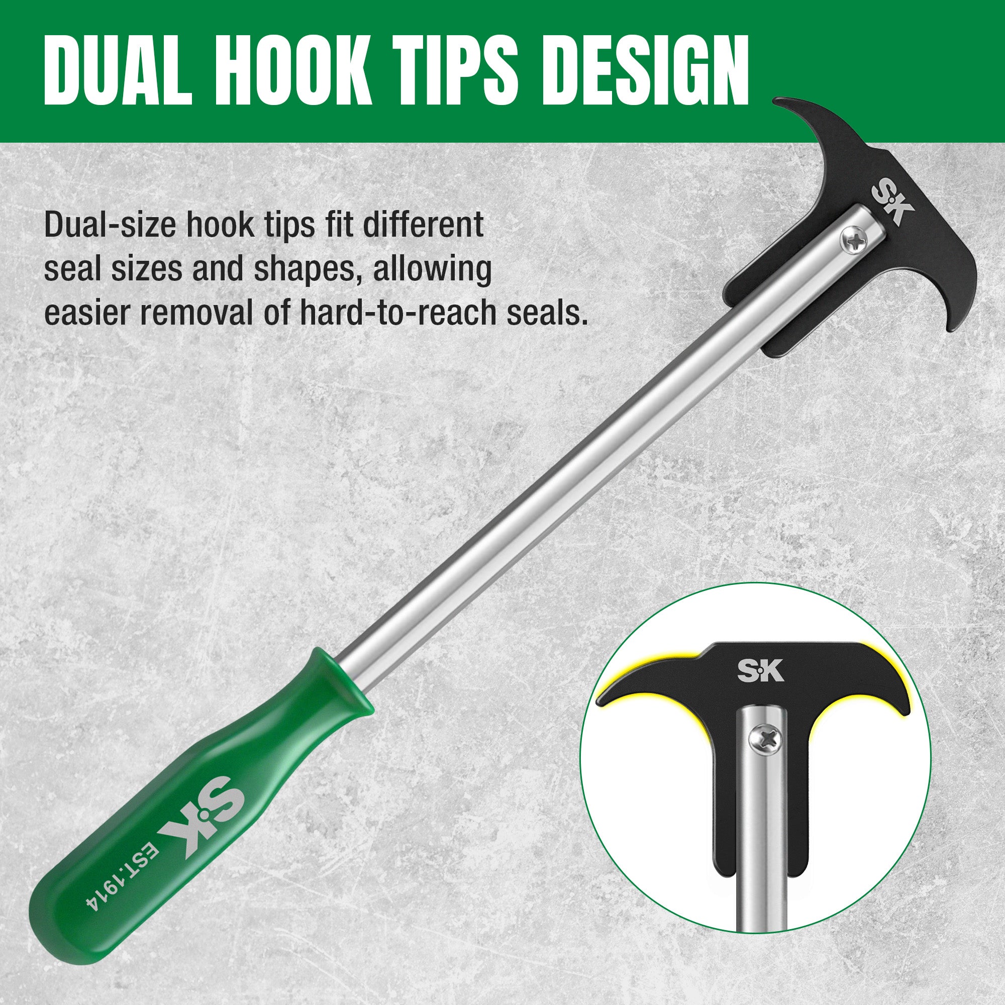 SK tool with dual hook tips design on a gray background