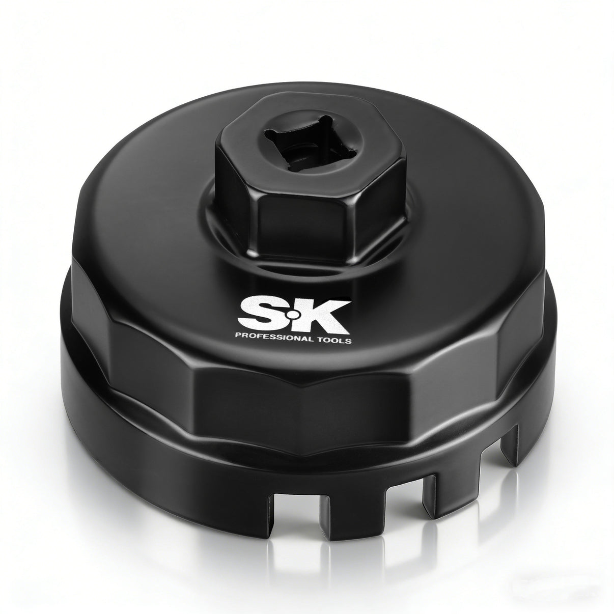 Black oil filter wrench with 'S&K Professional Tools' branding on a white background
