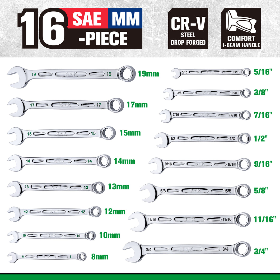 16 Piece, 12 Point, SAE & Metric Chrome Combination Wrench Set