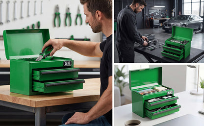 Mini Tabletop Toolbox SK Tools USA, LLC compact tabletop tool storage in green with three drawer trays