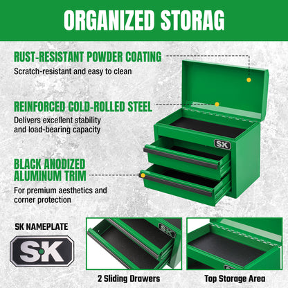 Mini Tabletop Toolbox by SK Tools USA, LLC in green with black aluminum trim, sliding drawer steel storage
