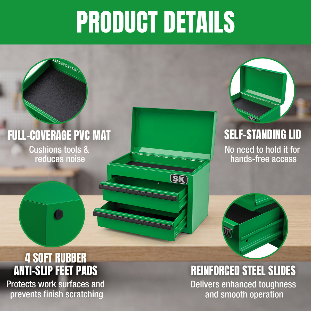 Mini Tabletop Toolbox by SK Tools USA, LLC in green with cushioned PVC mat and self-standing lid