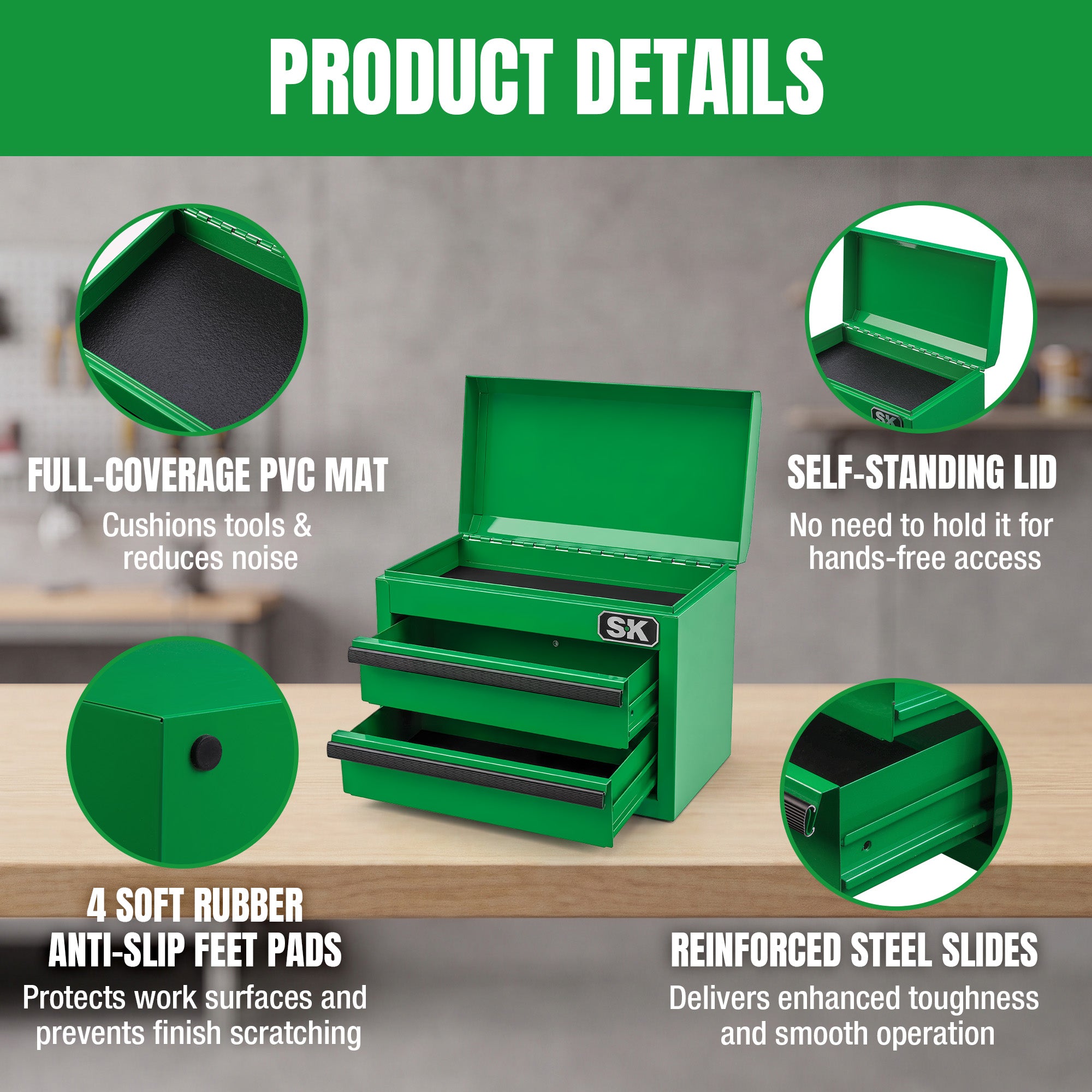 Mini Tabletop Toolbox by SK Tools USA, LLC in green with cushioned PVC mat and self-standing lid