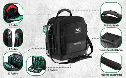15" SK Tools USA Service Tool Bag in black with multiple pockets and padded shoulder strap for easy transport