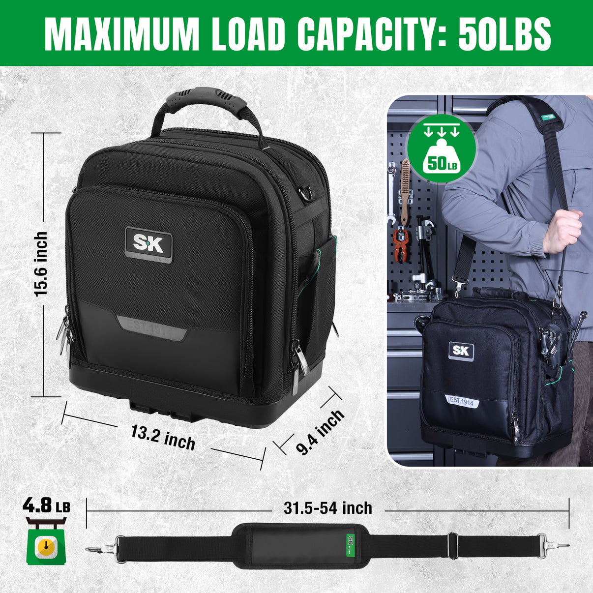 15" Service Tool Bag by SK Tools USA in black with padded shoulder strap and 50lbs load capacity