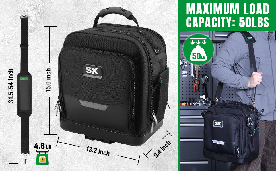 Black 15" Service Tool Bag by SK Tools USA with adjustable shoulder strap and 50 lb maximum load capacity